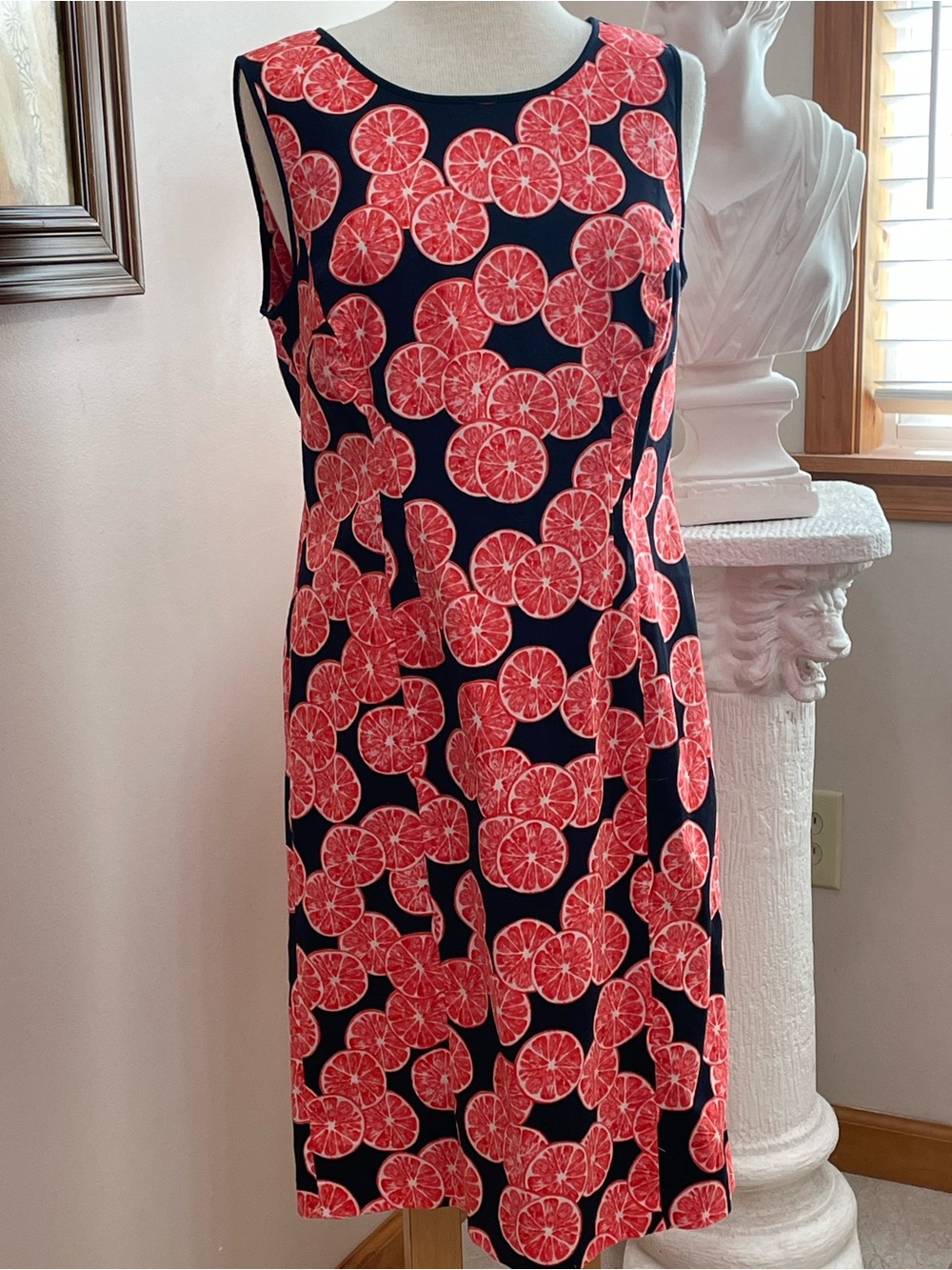 Jones New York Signature Sheath Dress 12 Navy with Tangerine Slices Classy Caree